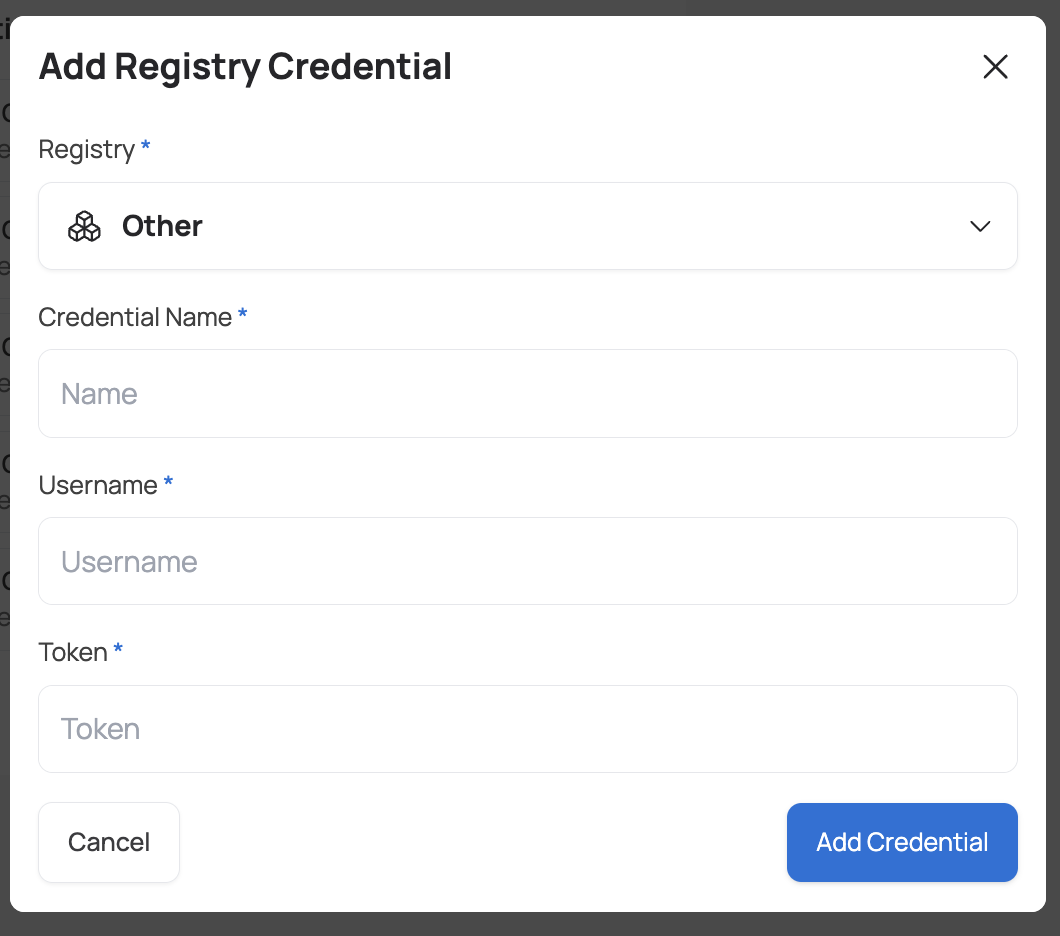 Add Registry Credential Dialog mit der "Other" Registry-Option und Feldern für Credential Name, Username und Token