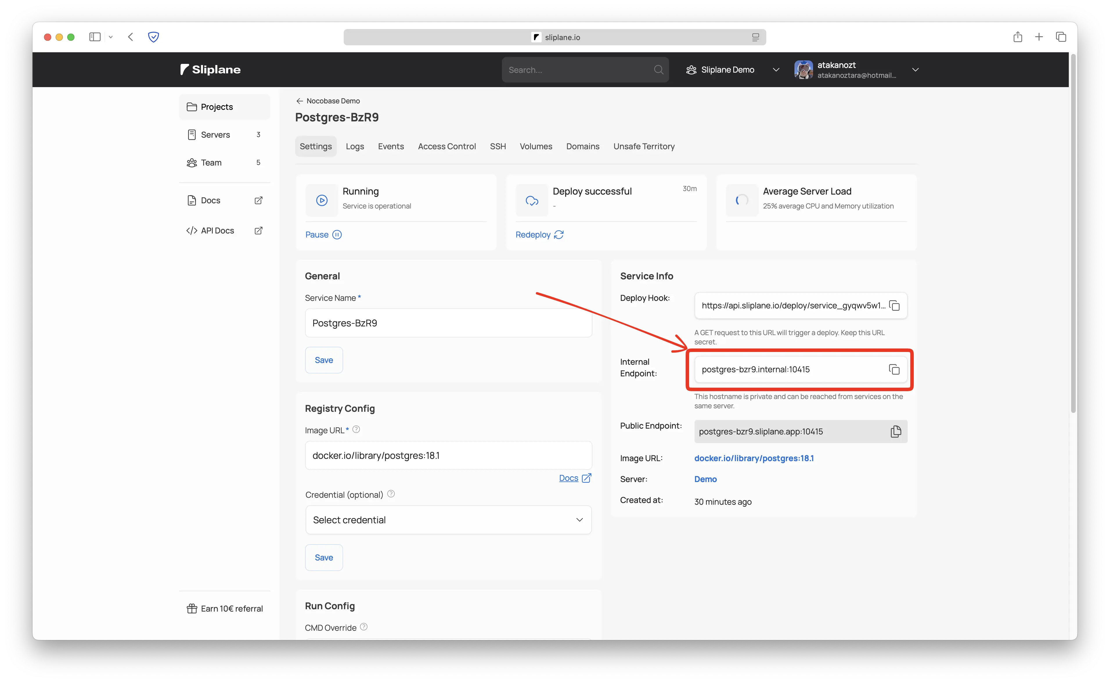 Copy the internal endpoint from the PostgreSQL service details